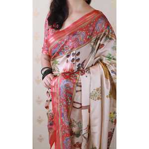 Sari Tradicional Tejido con Zari Estampado, Seda Tussar Roja, Pachititra, Blusas y Camisas para Mujer - Product Image 2