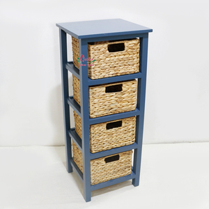 Étagère de rangement en bois bleu avec 4 paniers en jonc de mer, mobilier scandinave moderne pour la maison, design autoportant - Product Image 1