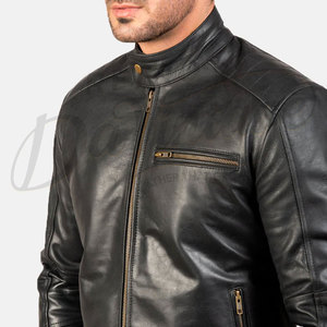 Men's Premium Black Real Leather Racer <b>Jacket</b> - Slim Fit Genuine <b>Sheepskin</b> Biker Coat with Snap Tab Collar and Zip Pockets - Product Image 3