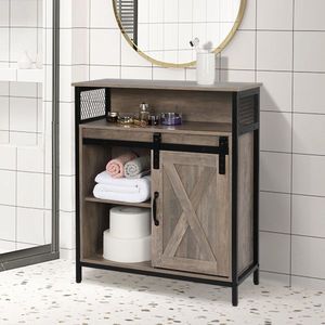 Mobiletto con Ante Scorrevoli in Stile Retrò in MDF con Telaio in Ferro Triaminato e Scaffale a Due Livelli per Bagno - Product Image 1