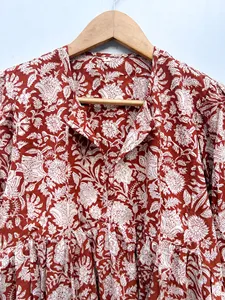 Elegant Brown Floral Hand Block Print Top Cotton Puff Sleeve Loose Fit <b>Boho</b> style Tie-Neck Detail <b>Summer</b> Casual Mini <b>Dress</b> - Product Image 5