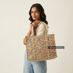 Sac fourre-tout matelassé en coton imprimé à la main, grande capacité, motif floral, pour l'épaule, voyage, shopping, vente en gros, écologique, été, automne - Product Image 3