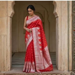 Regal <b>Red</b> Chanderi Silk <b>Saree</b> with Long Peacock Motifs - Product Image 4