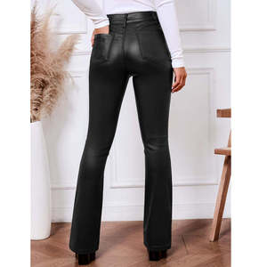 Pantalones de cuero de cintura alta para mujer, acampanados, elásticos, con cinco botones, bolsillos, a la moda, que favorecen la figura - Product Image 4