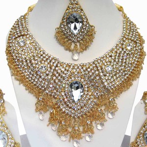 Gold Plated Crystal Jewelry Set Necklace Earrings Pear Cut Rhinestone Women's Wedding Bridal Classic Style - Product Image 2