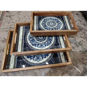 Juego de bandejas de servicio modernas de madera de mango ecológicas de primera calidad, color negro y dorado, bandejas decorativas sólidas para desayuno y servicio - Product Image 3
