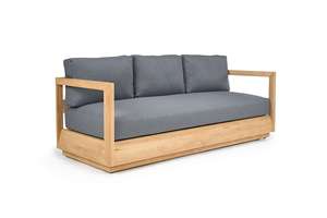 Ensemble de canapés d'extérieur en teck moderne avec coussins gris, mobilier de jardin minimaliste pour patio et bord de piscine - Product Image 2