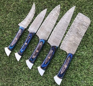 UMAR FAROOQ CUTLERY KITCHEN WARE <b>Set</b> of 5 Damascus Kitchen <b>Knives</b>, Custom Full Tang Yellow Pakka Wood Handle with Leather Roll - Product Image 4