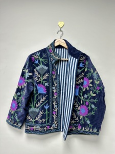 Veste bomber en velours faite à la main pour femmes, broderie florale, style bohème ethnique, épaisse, automne/hiver, longue, rembourrée en coton - Product Image 5