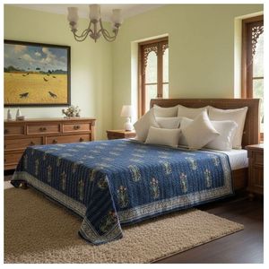 Hand Block Printed Indian Cotton Sanganer Kantha Queen Size <b>Throws</b> <b>Large</b> Width Handmade Quilt Traditional Home Bedding Export - Product Image 1