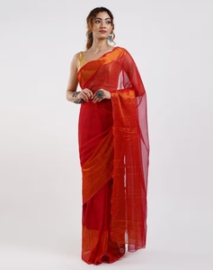KV <b>Red</b> Chiffon Ready To Drape Bollywood Style <b>Saree</b> With Unstitched Blouse - Product Image 6
