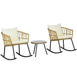 Set di 3 Sedie a Dondolo da Esterno in Rattan Bianco Crema, Resistenti alle Intemperie, con Cuscini per Giardini e Bistrot - Product Image 1