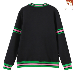 เสื้อสเวตเชิ้ตถักสีดำแบบยูนิเซ็กซ์ ลายทางสีเขียวชมพู คอกลม ทรงโอเวอร์ไซส์ สวมใส่สบายๆ สำหรับฤดูใบไม้ร่วง รุ่นอัลฟ่า |   คาปา |   อัลฟ่า - Product Image 2