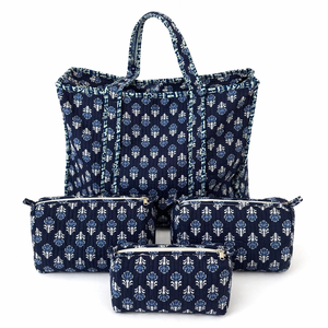 ชุดกระเป๋าถือผ้าฝ้ายลายดอกไม้สีน้ำเงินกรมท่า กระเป๋าโท้ทแบบเย็บลายพร้อมซิป กระเป๋าใส่เครื่องสำอาง และกระเป๋าจัดระเบียบสำหรับเดินทาง - Product Image 2