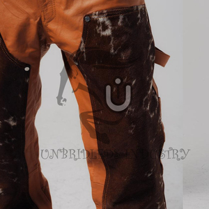 Pantalon en cuir de vachette à double genouillère, couleur beige et blanc - Product Image 5