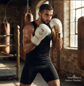 Ensemble de boxe Fly neuf et professionnel : Gants en cuir, protège-tête et protège-glandes, respirant, durable, blanc et or - Product Image 2