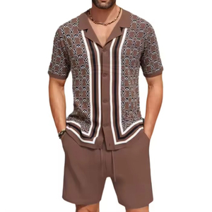 Men's Breathable 2-Piece <b>Knitted</b> <b>Set</b>-Short Sleeve Solid Shirt and Shorts Casual Summer Beach Wear 100% Polyester - Product Image 1