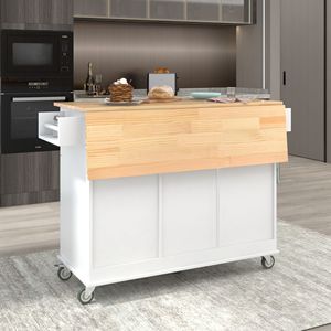 Isola Cucina Mobile con Piano in Legno Massello, Larghezza 52,7 Pollici, Armadietto Contenitore, Ruote Bloccabili, Bar Colazione, Carrello Cucina con Piano Ribaltabile - Product Image 4
