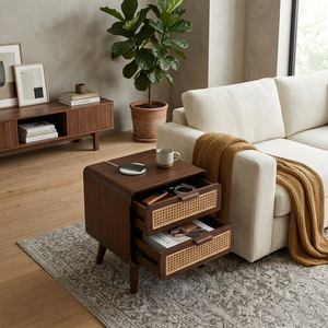 Scandinavian Style Modern Luxury Teak Wood Weave Bedside 2-<b>Drawer</b> <b>Walnut</b> Finish Nightstand - Product Image 6