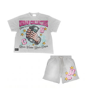 Conjunto de camiseta y pantalones cortos de algodón French Terry de 280 GSM, estilo streetwear, color negro con estampado de arcoíris en plastisol, personalizado con la marca, para hombre. - Product Image 2