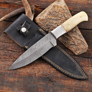 Hand Forged Damascus Steel Fixed Blade Skinning <b>Knife</b> with Sheath Custom OEM Full Tang Hunting Camping <b>Knife</b> <b>Bone</b> <b>Handle</b> - Product Image 1