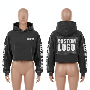 Custom Logo 100% <b>Cotton</b> <b>Raw</b> Hem Cropped Pullover Hoodie Distressed Ptach Embroidery Crop <b>Raw</b> Hem Hoodies 2026 - Product Image 1