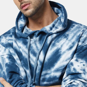 Sweat-shirt à capuche en molleton tie-dye brodé pour homme, coupe ample, décontracté, motif bleu et blanc, manches régulières, vêtements d'hiver - Product Image 4