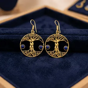 Wholesale Natural <b>Lapis</b> <b>Lazuli</b> Brass Earrings Handmade Blue Gemstone Dangle Jewelry - Product Image 2