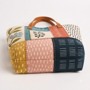HINDVANTA GLOBAL Patchwork Print Jute <b>Canvas</b> Tote Bag Eco Friendly Leather Handle Large Capacity Women Shoulder <b>Handbag</b> Shopping - Product Image 3