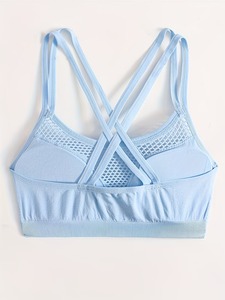 Sleek Hollow Out Athletic <b>Crop</b> <b>Top</b> Non Wired Comfort Gym Brassiere Double Crisscross Strap Back Stretch Training Wear - Product Image 4