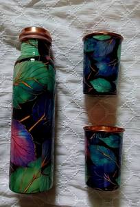 Leaf Printed Copper Water <b>Bottle</b> with Glass Designer Ayurvedic Drinking <b>Bottle</b> Reusable Copper <b>Flask</b> Set - Product Image 2
