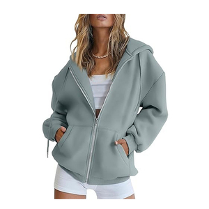 Sudadera con capucha verde claro para mujer, con cremallera, manga larga, de punto de algodón, estilo casual de otoño, talla grande y personalizable. - Product Image 1