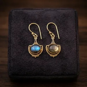 Boucles d'oreilles pendantes en laiton et labradorite bleue, pierres précieuses naturelles, bijoux faits à la main, vente en gros - Product Image 5