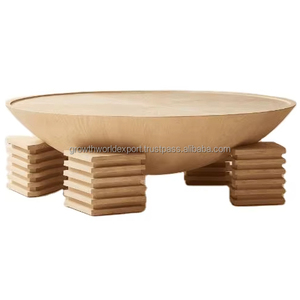Designer Wooden Coffee Table Sculptural Bowl Top Center Table Luxury Solid Wood Round Coffee Table with Block Legs 2026 - Product Image 1