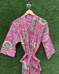 Bata Kimono de Algodón con Estampado Floral Rosa, Manga Larga, Cuello en V, para Mujer, Tallas Grandes, para Playa o Resort, Verano - Product Image 1