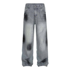 Vaqueros de mezclilla transpirables personalizados con perlas para mujer, pantalones acampanados desgastados con brillo, estilo urbano, cintura alta, invierno, diseñador OEM - Product Image 2