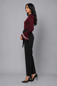 Pull élégant en maille à col montant et taille naturelle, manches à volants et rayures contrastées, idéal pour le bureau, tenue professionnelle et sexy - Product Image 4