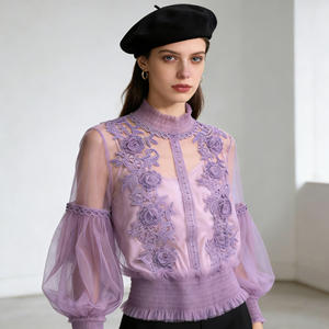 Vente flash sur Temu : chemisier chic pour femme en dentelle violette brodée, col haut, manches bouffantes, top transparent. - Product Image 1