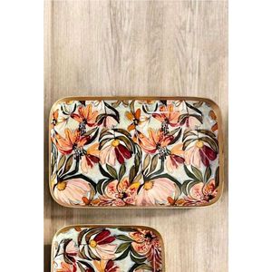 Juego de bandejas de lujo con diseño floral esmaltado |   Bandeja Decorativa de Metal con Borde Dorado para Mesa de Centro, Bandejas Rectangulares Pintadas a Mano - Product Image 3