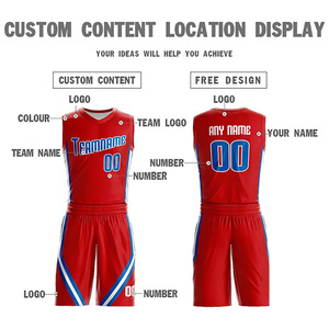 Uniformes de basket-ball personnalisés rouge bleu blanc sublimés avec nom d'équipe, maillot et short unisexe pour adulte, coupe athlétique, évacuation de l'humidité - Product Image 3