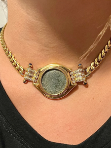 14K Gold Plated Figaro Link Chain <b>Choker</b> Necklace with Diamond & Natural Stone Pendant Vintage Style Unisex Party Everyday Wear - Product Image 2