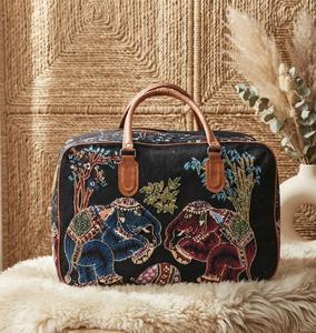 Sac fourre-tout en toile brodé motif éléphant, avec fermeture éclair et bandoulière, sac de voyage vintage portable pour femme, idéal pour la vie quotidienne - Product Image 1