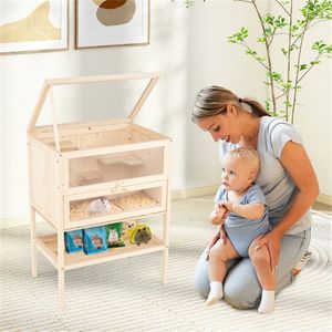 Gabbia per Criceti in Legno di Abete da 80 cm, Taglia XS, con Aree Attività Multilivello, Ripiano Inferiore e Tetto a Rete Ribaltabile per l'Allevamento di Piccoli Animali - Product Image 3