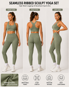 Women Seamless Ribbed <b>Yoga</b> <b>Set</b> High Waist Leggings Racerback Sports Bra Gym Fitness Activewear Wholesale - Product Image 3