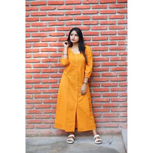 Robe longue jaune tissée élégante, respirante, style simple, coupe ample, col rond, taille naturelle, taille XS pour le quotidien - Product Image 2