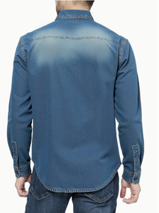 Chemise en jean pour homme TRIBON SPORTS, manches longues, couleur unie, délavage moyen, coton respirant, coupe ajustée, col rabattu, surpiqûres décontractées - Product Image 2