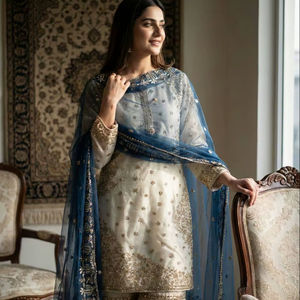 Ensemble Salwar Kameez Gharara brodé de luxe – Kurti en soie à manches longues avec dupatta en tulle doux pour mariage et Aïd - Product Image 1