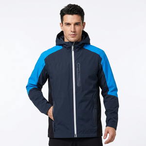 Chaqueta cortavientos con capucha para hombre, diseño color block azul y negro, cierre de cremallera, deportiva, para invierno - Product Image 4