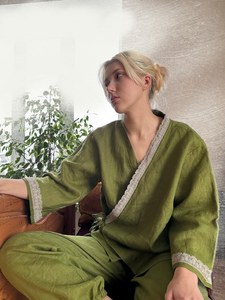 Women <b>Linen</b> Co Ord <b>Set</b> Kimono Style Top with Pants Loose Fit Loungewear Casual Two Piece <b>Set</b> - Product Image 6