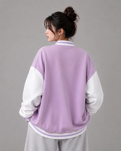 Purple Varsity <b>Jacket</b> With White Sleeves Embroidered Letter S Button Closure Regular Length Autumn Wear - Product Image 2
